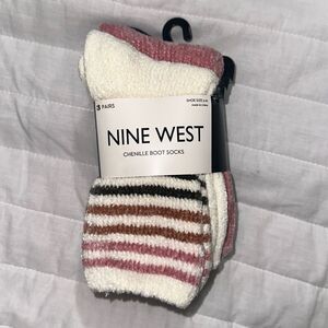 Nine West Ladies 3 Pk Chenille Boot Socks Navy Ivory Pink Green Brown Stripe